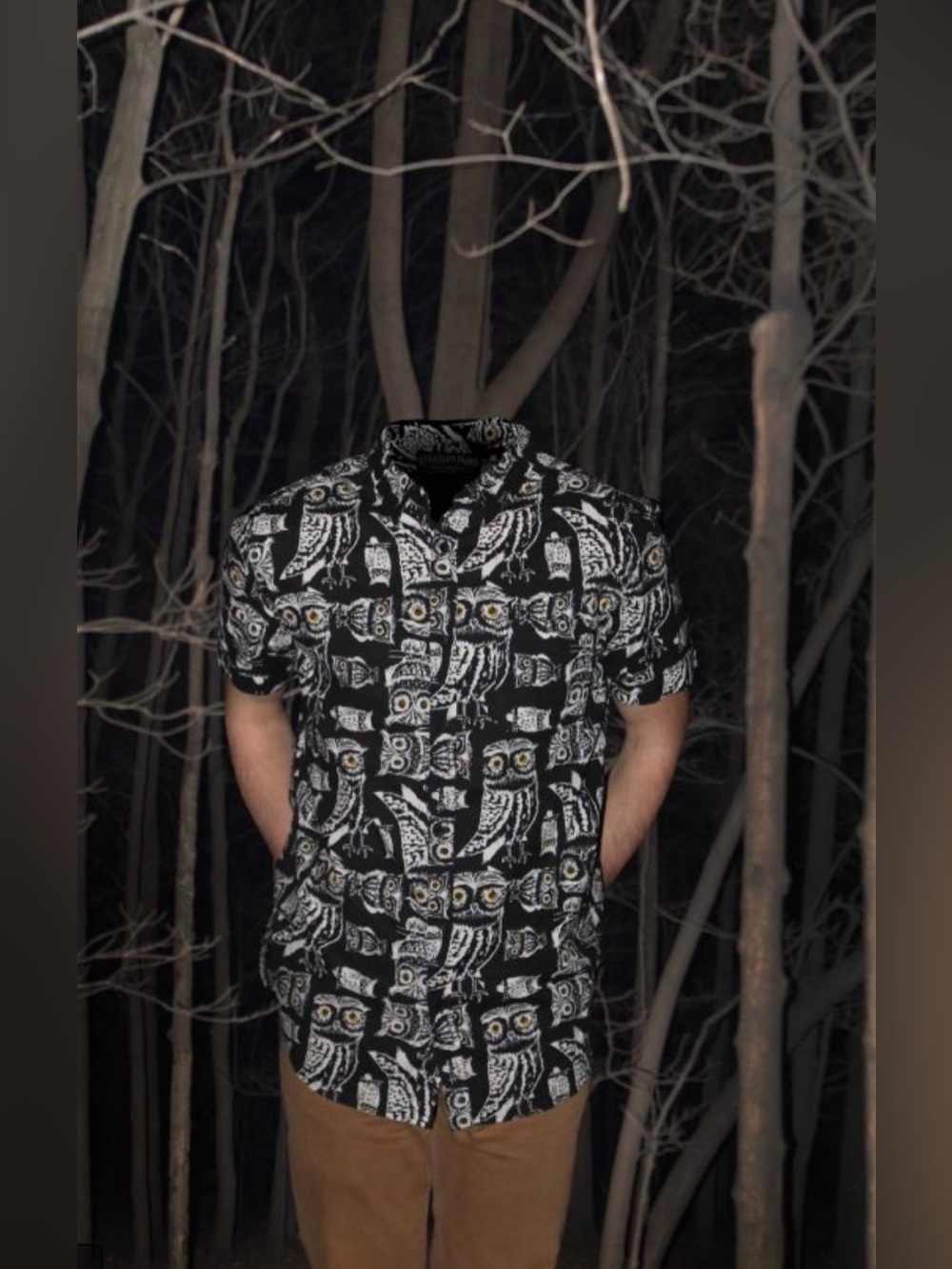 EUC 100% Cotton Black Owl Print Collared Button Down Short-Sleeve Shirt